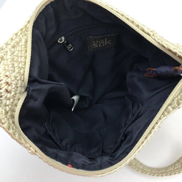 The Sak Ivory Crochet Crossbody Bag Blue Stripes Red Flowers Boho Hippie Purse - Picture 5 of 12